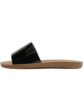 Women's Black Patent Peep Toe Basic Plain Slip On Slides Casual Slipper Shoes